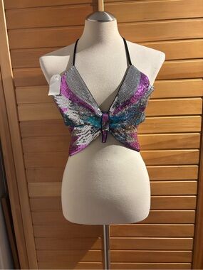 Sequin Butterfly Halter Crop Top - Multicolor